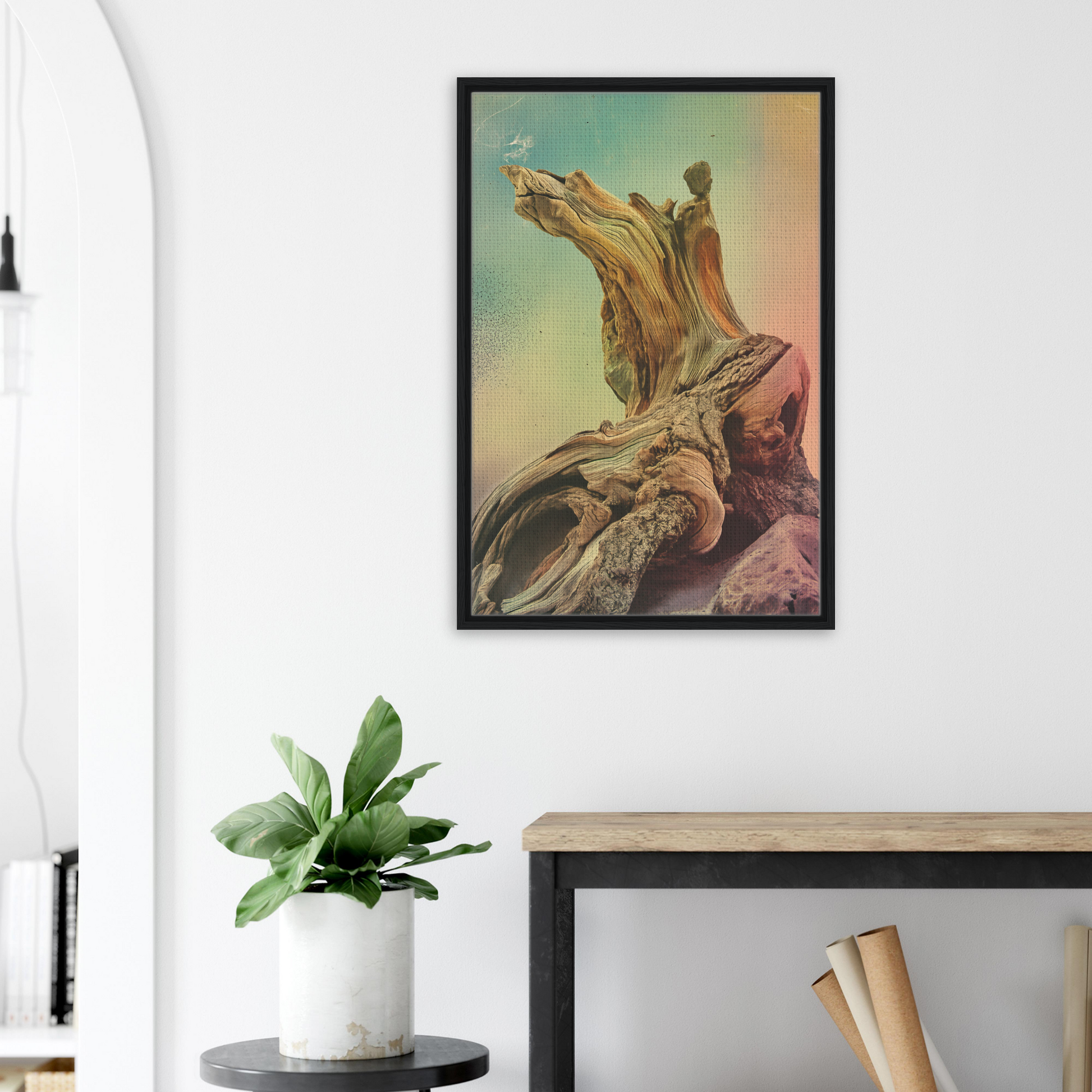 Framed canvas print of gnarled daydream echoes showcasing driftwood against a soft sky