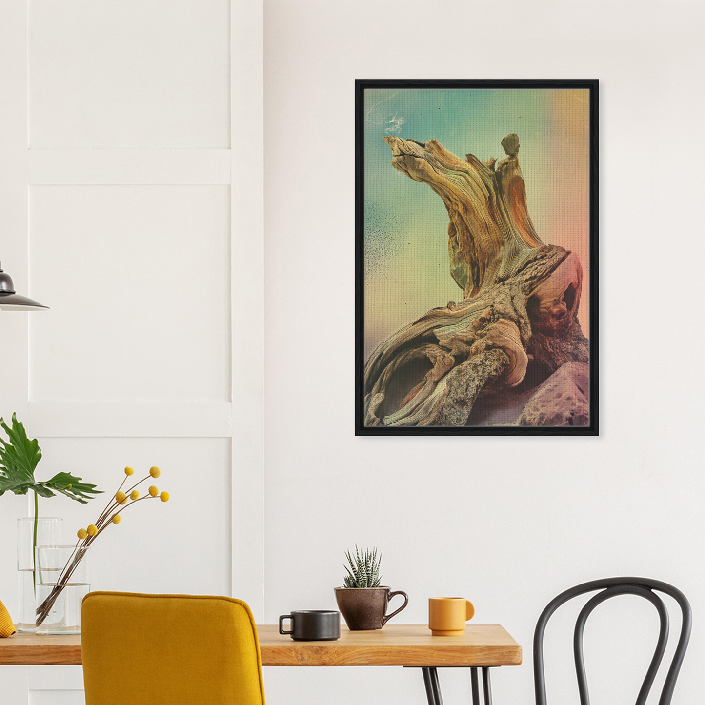 Framed canvas print of gnarled tree trunk artwork in Gnarled Daydream Echoes design