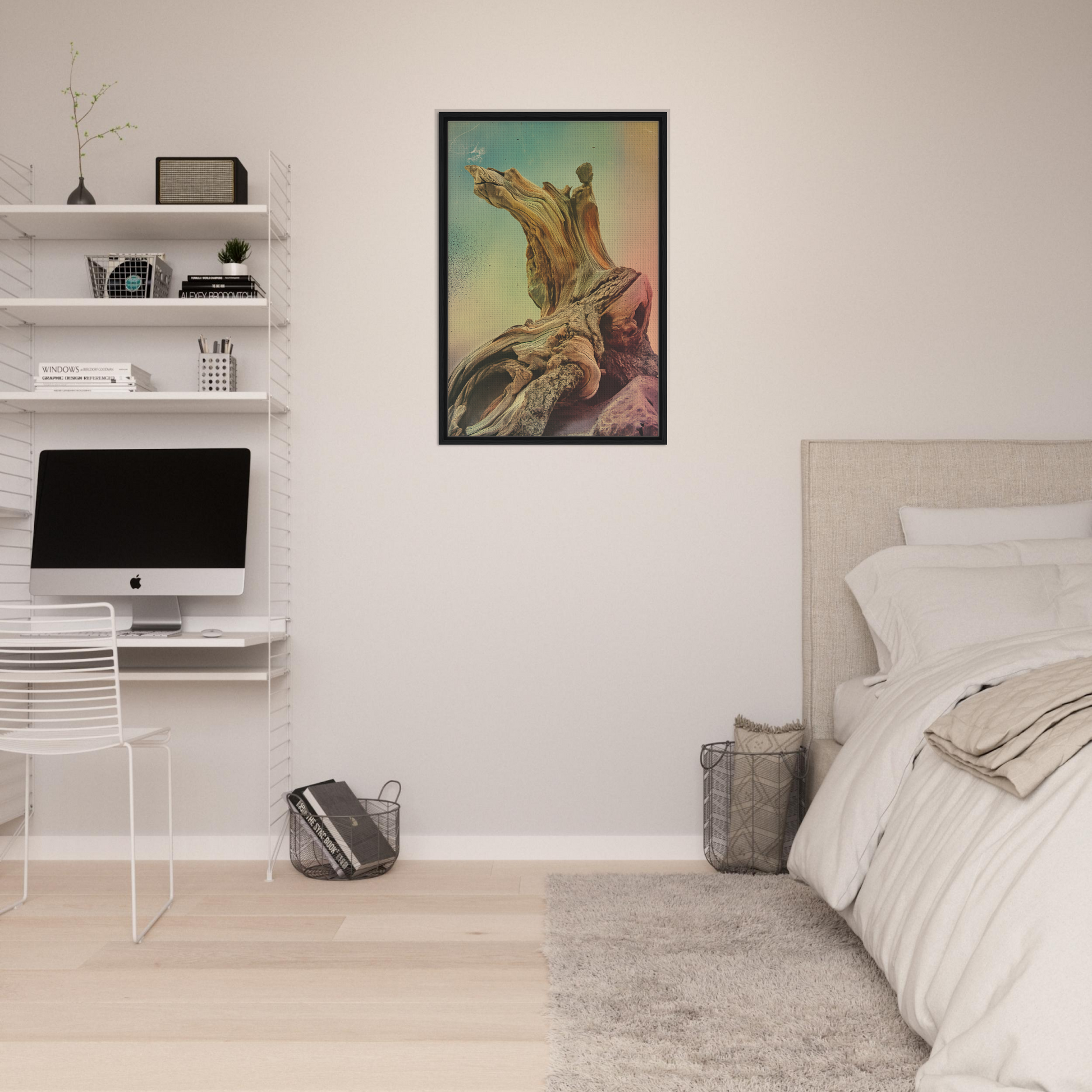 Framed Gnarled Daydream Echoes artwork featuring driftwood against a pastel sky for room decor