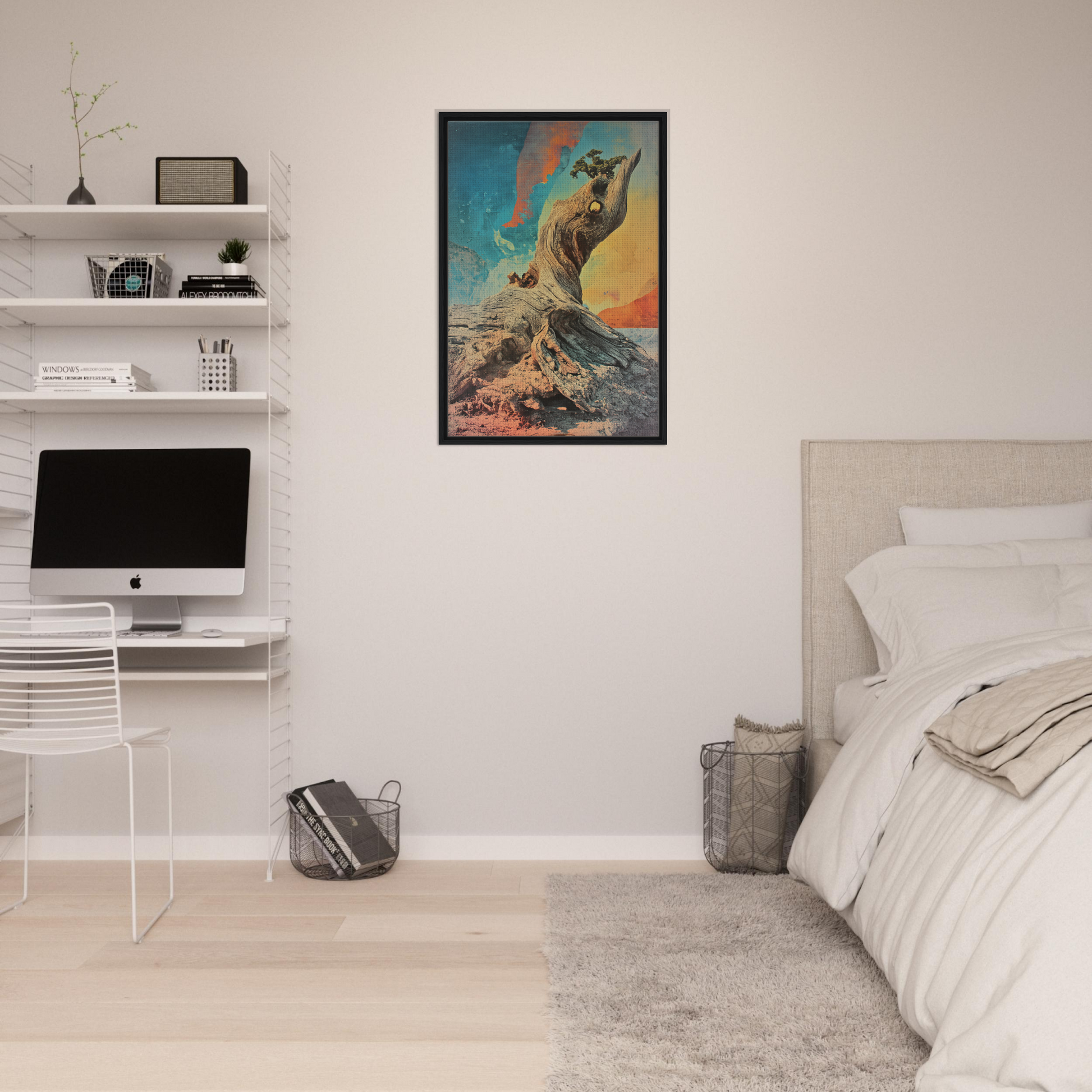 Framed artwork of Gnarled Sky Requiem, featuring a surreal bird-like creature in vibrant sky