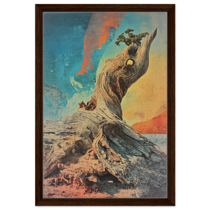 Gnarled tree stump with plant atop in Gnarled Sky Requiem framed canvas print