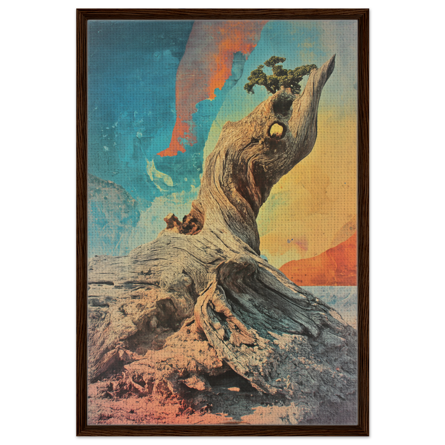 Gnarled Sky Requiem features a twisted tree stump against a vibrant sky, enhancing room decor