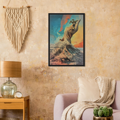 Framed canvas print of Gnarled Sky Requiem featuring a roaring bear and vibrant sky