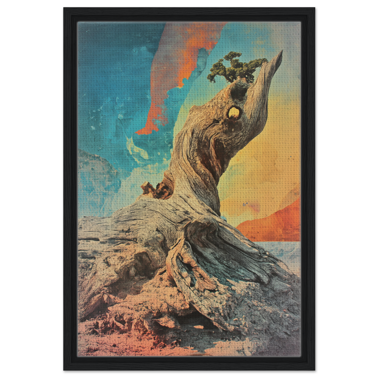 Gnarled Sky Requiem framed canvas print featuring a twisted tree stump with weathered textures