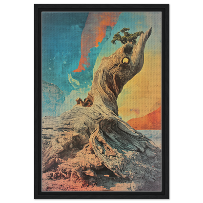 Gnarled Sky Requiem framed canvas print featuring a twisted tree stump with weathered textures