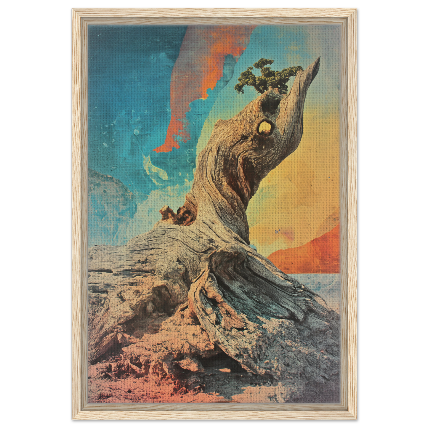 Gnarled Sky Requiem framed canvas print featuring a twisted tree stump and small plant