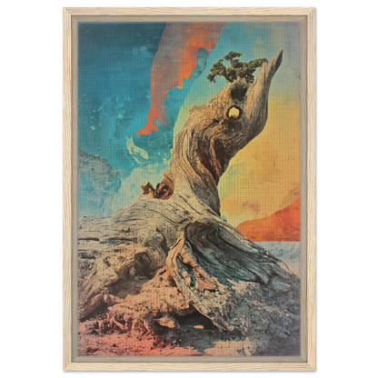 Gnarled Sky Requiem framed canvas print featuring a twisted tree stump and small plant