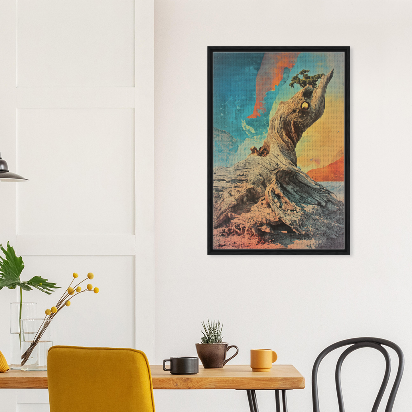 Framed canvas print of Gnarled Sky Requiem featuring a surreal tree and vibrant sky