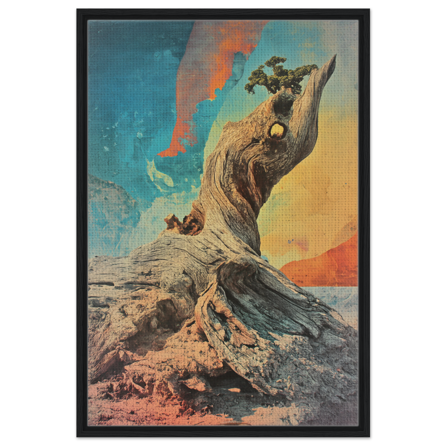 Gnarled, twisted tree stump against a colorful sky in Gnarled Sky Requiem framed canvas print