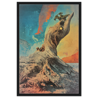 Gnarled, twisted tree stump against a colorful sky in Gnarled Sky Requiem framed canvas print