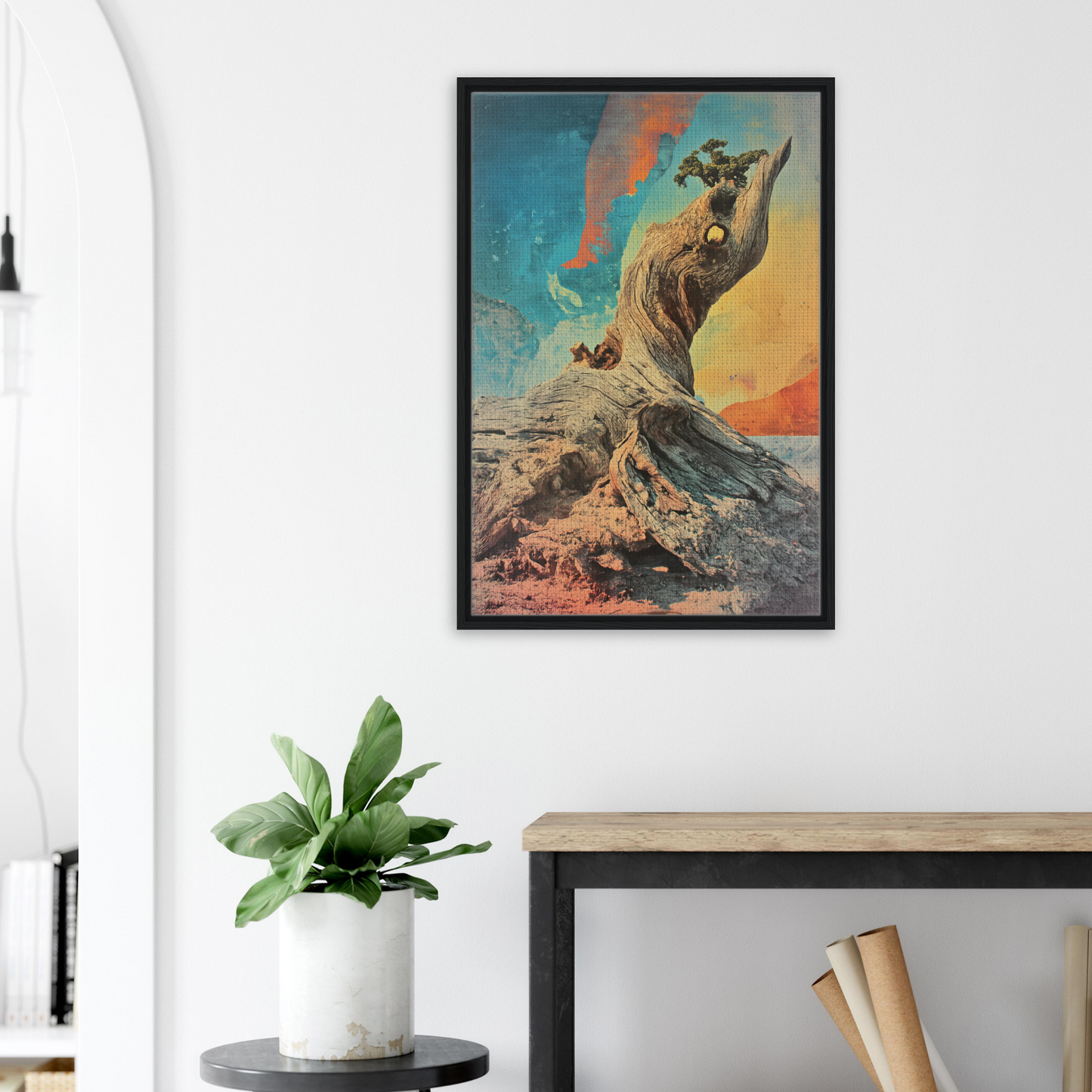 Framed canvas print of Gnarled Sky Requiem with a muscular figure amidst turbulent waves