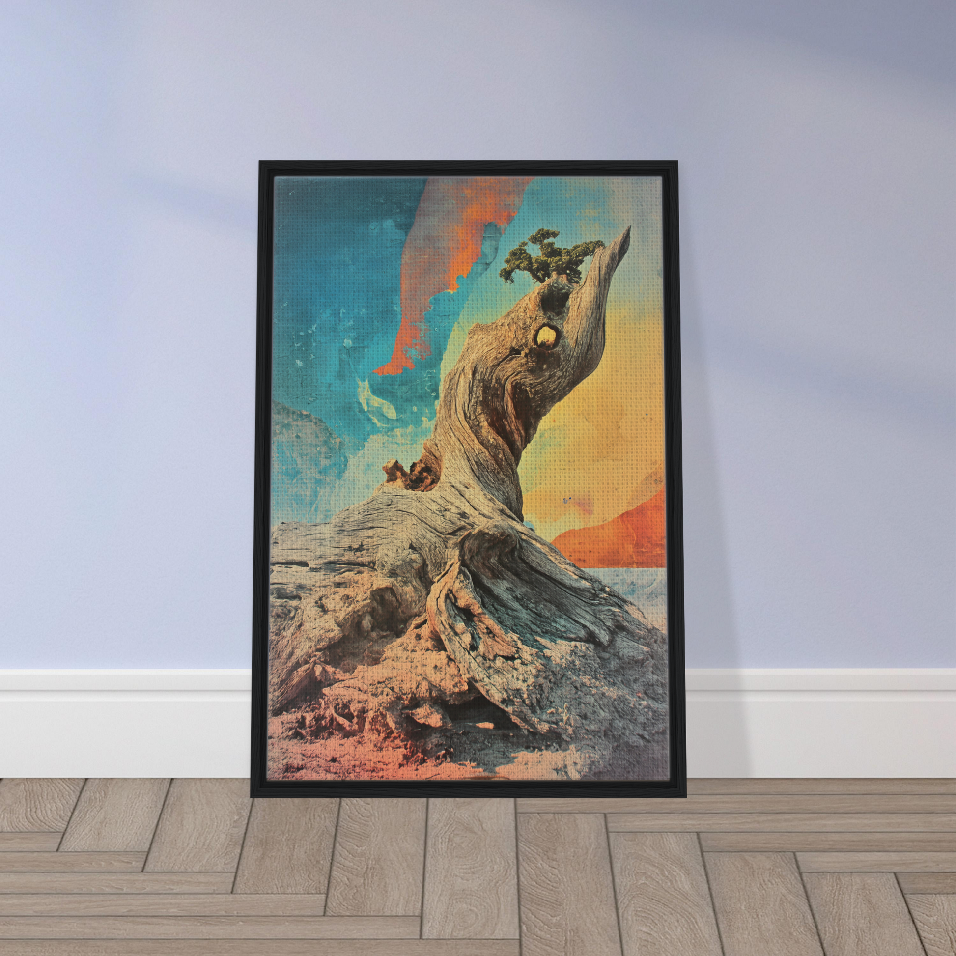 Framed Gnarled Sky Requiem artwork showcasing a twisted tree trunk and vibrant sky for room decor