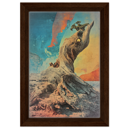 Gnarled tree trunk with foliage, featured in Gnarled Sky Requiem framed canvas print