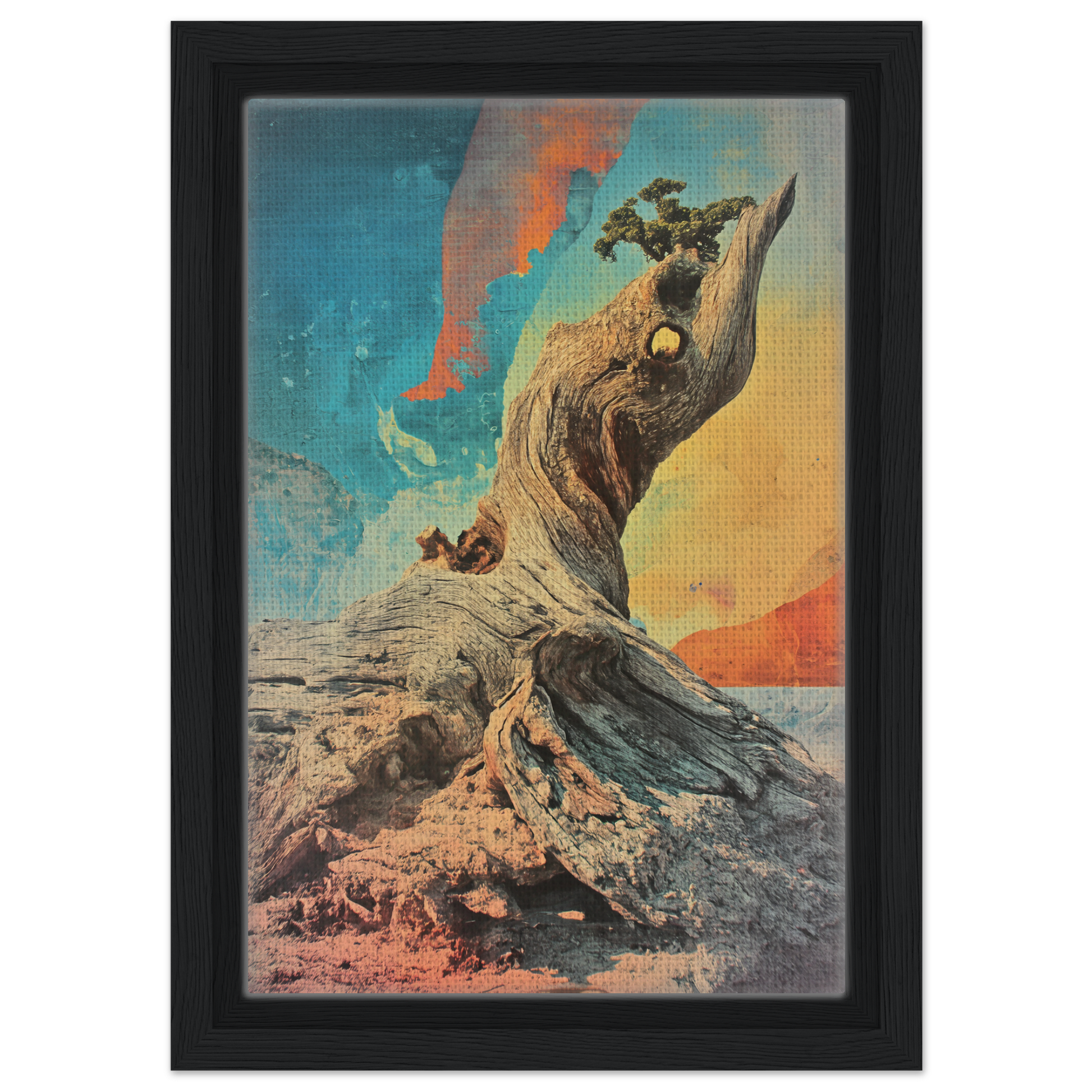 Gnarled Sky Requiem features a twisted tree trunk with vibrant sky colors in room decor