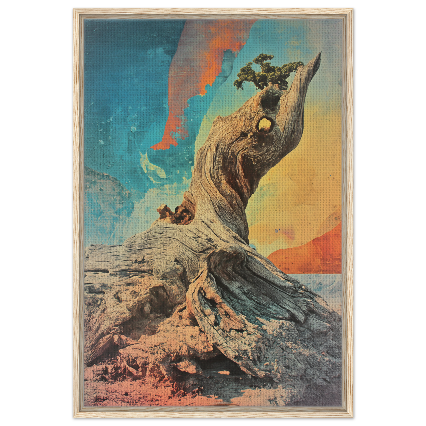 Gnarled Sky Requiem showcasing a twisted tree stump against a vibrant sky in room decor