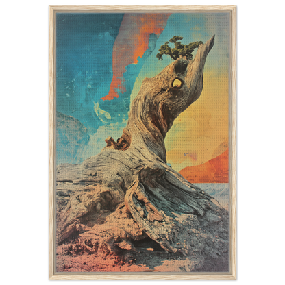 Gnarled Sky Requiem showcasing a twisted tree stump against a vibrant sky in room decor