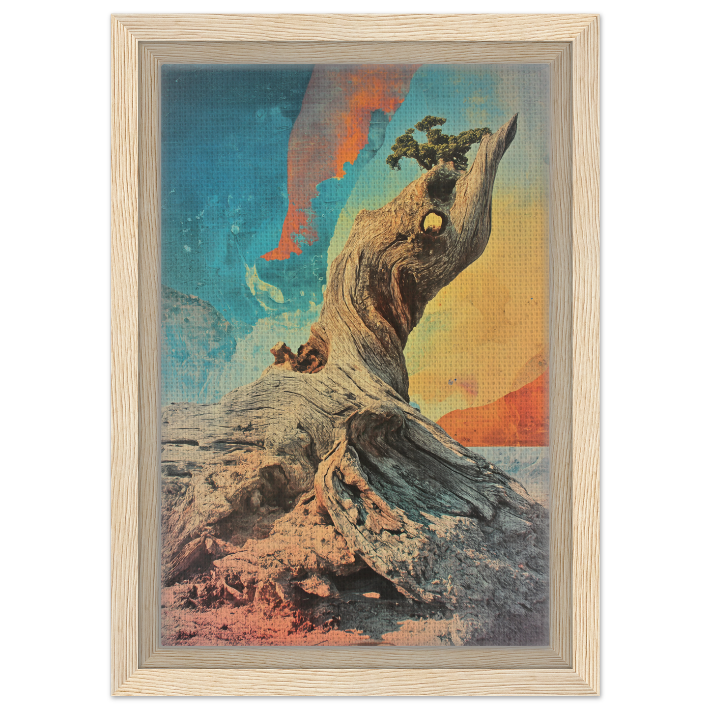 Gnarled Sky Requiem featuring a twisted tree trunk with a plant on a colorful background