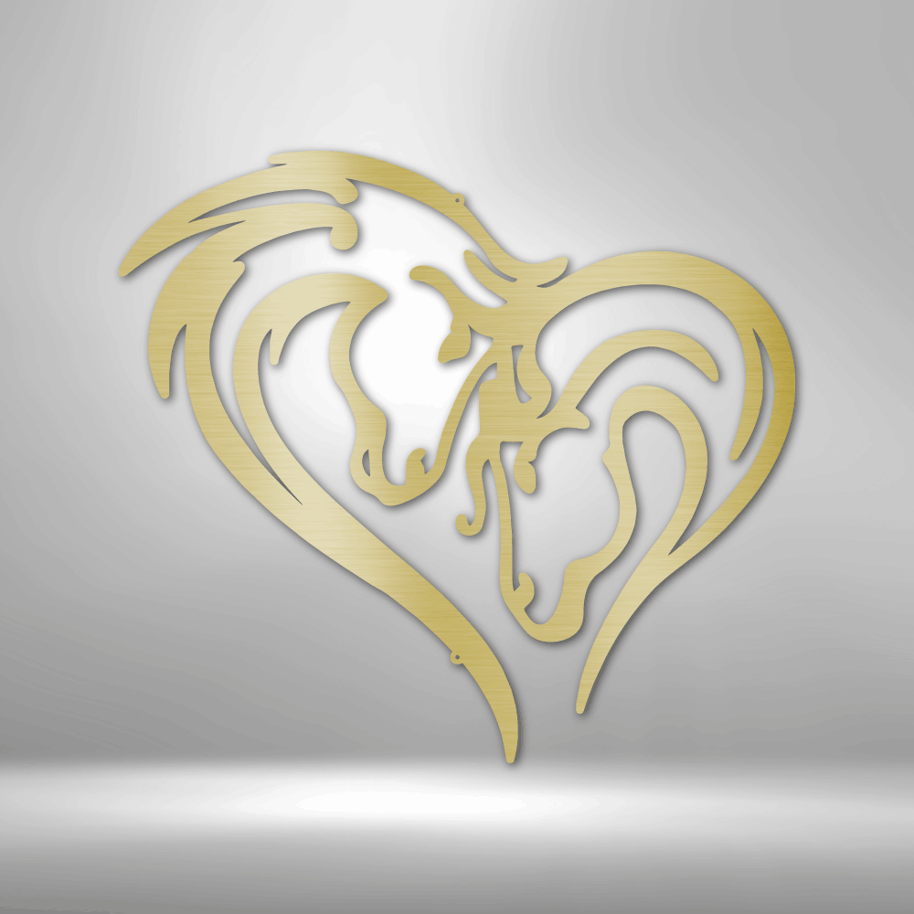 Golden heart-shaped design featuring stylized horse heads.