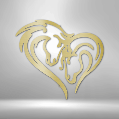 Golden heart-shaped design featuring stylized horse heads.