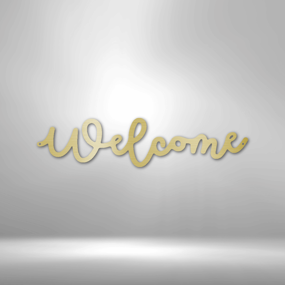 Cursive ’Welcome’ text in pale yellow against a neutral background.