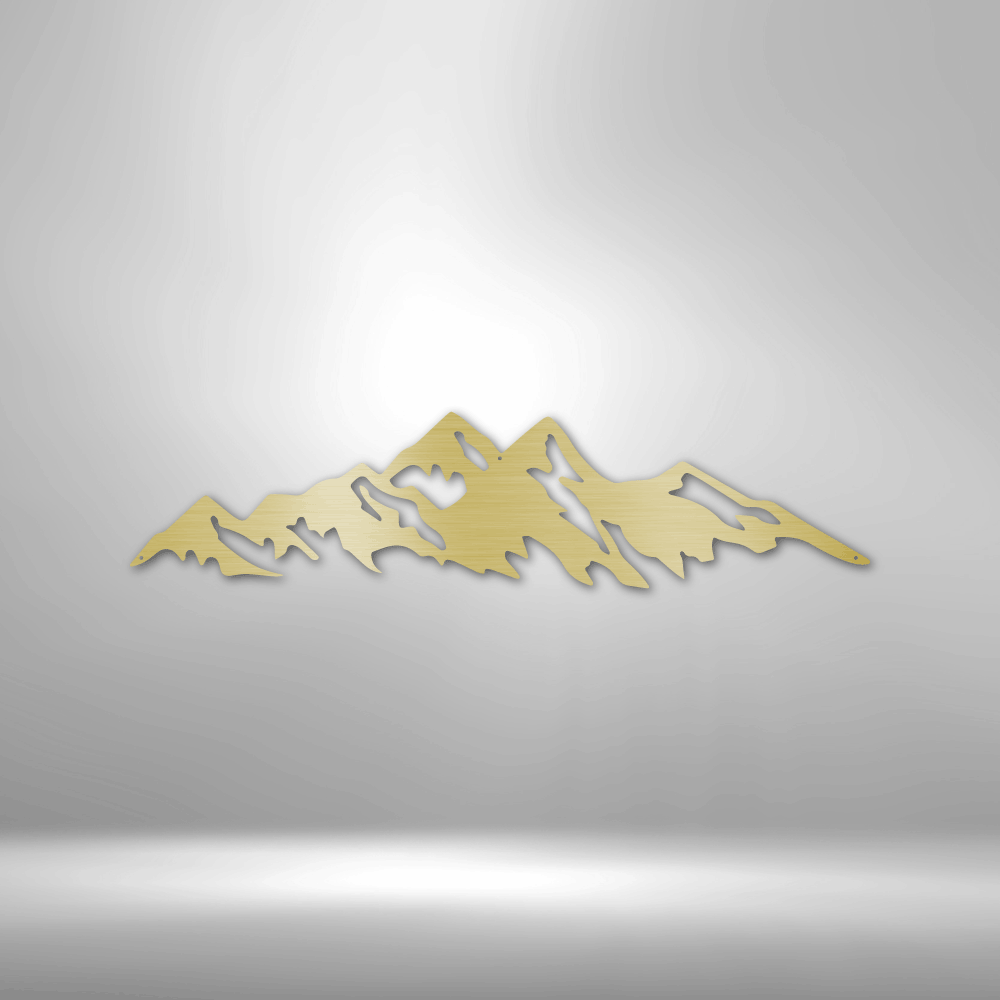 Stylized mountain range silhouette in yellow and white.