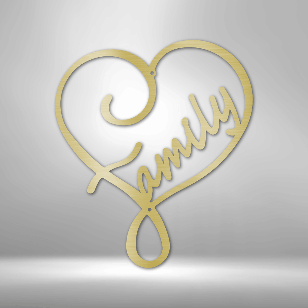 Gold-colored heart-shaped design with ’Family’ written in cursive script.