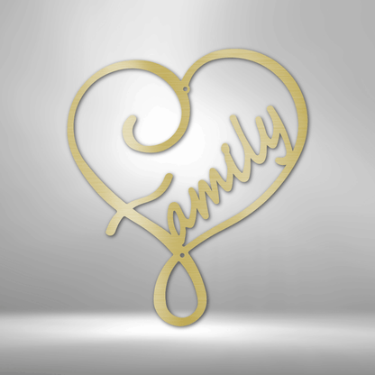 Gold-colored heart-shaped design with ’Family’ written in cursive script.
