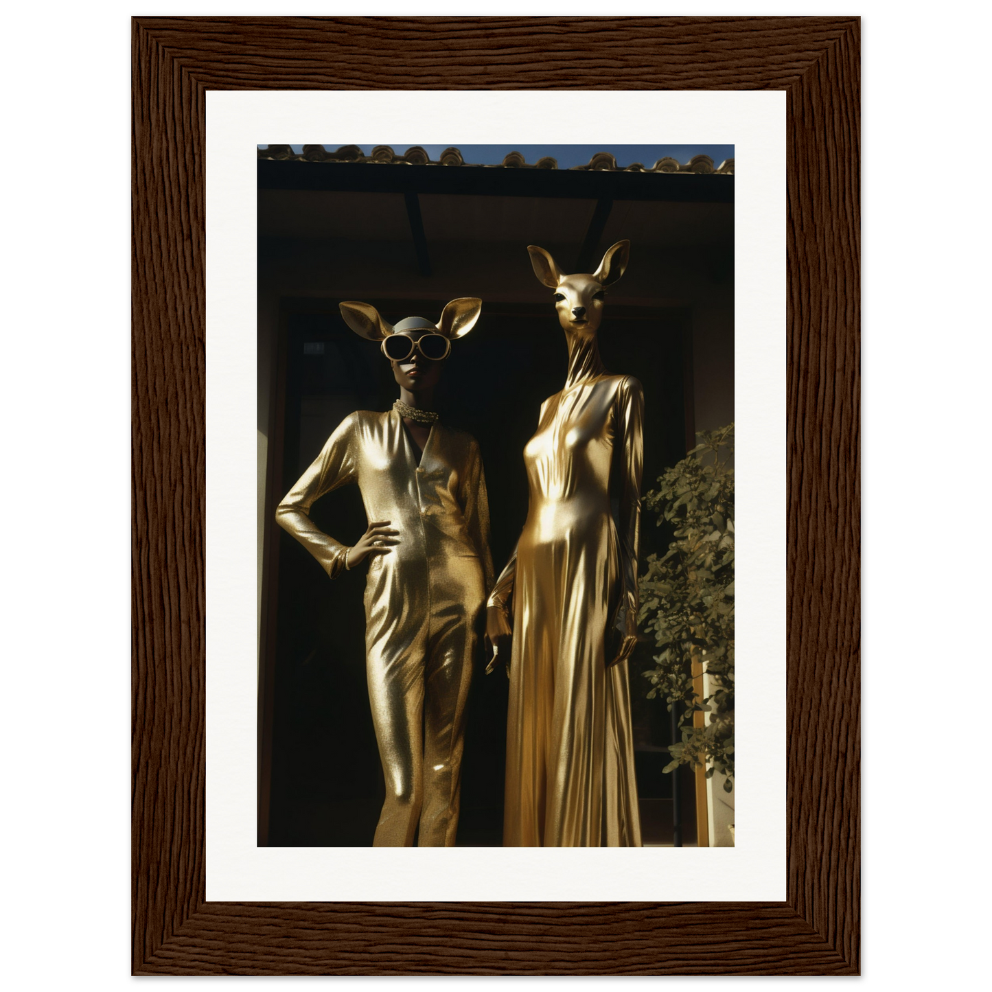 A gold statue of two women in a room