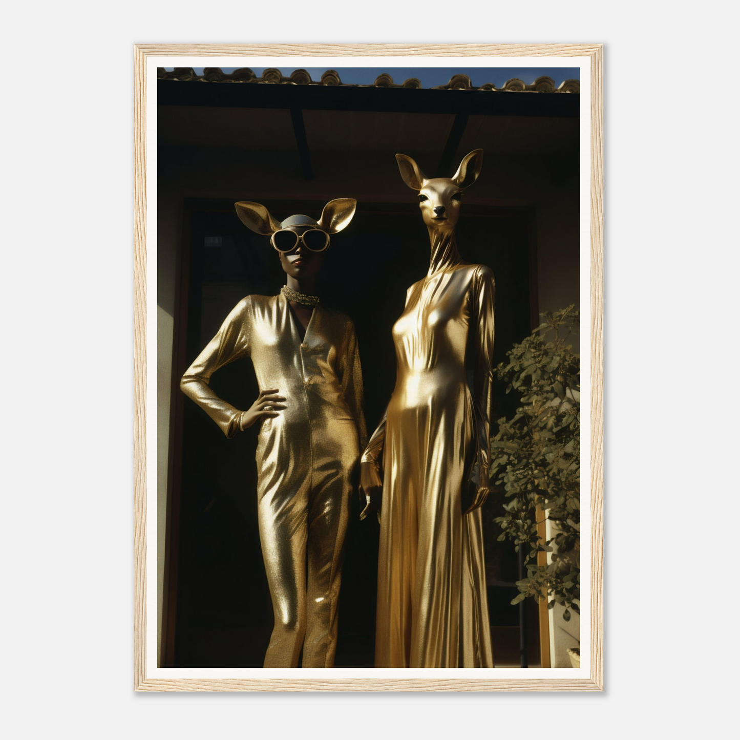 A gold statue of two women in a room