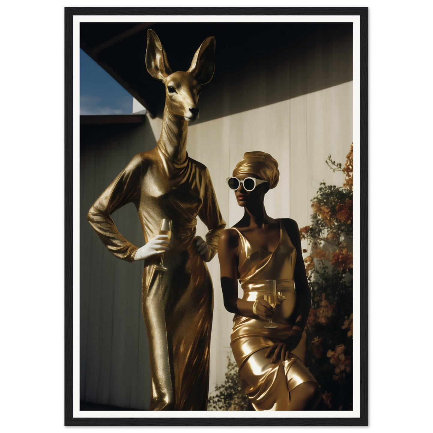 A gold statue of a woman and a deer