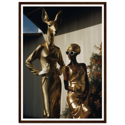 A gold statue of a woman and a deer