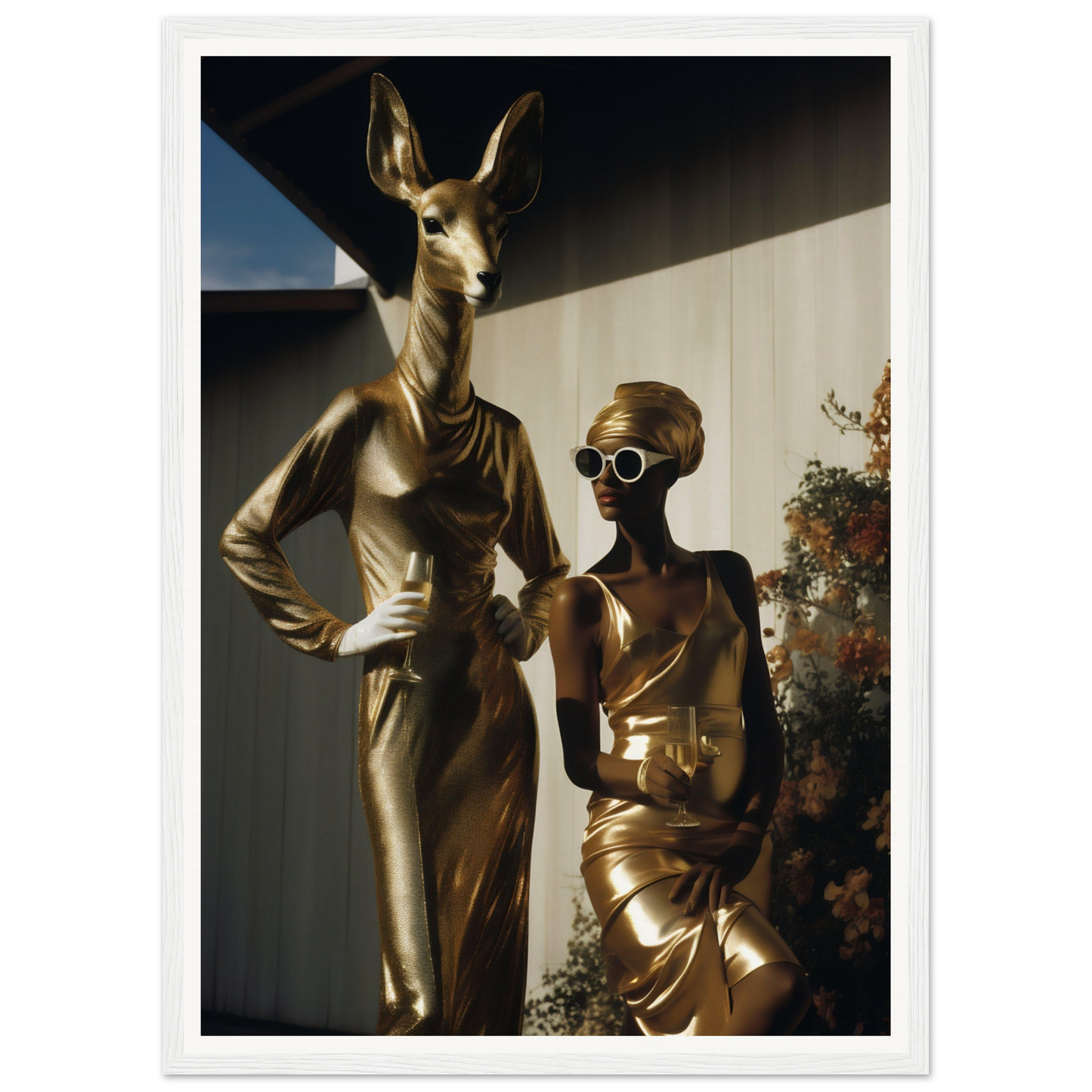 A gold statue of a woman and a deer