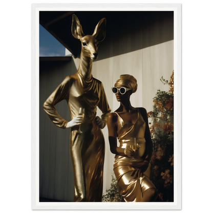 A gold statue of a woman and a deer