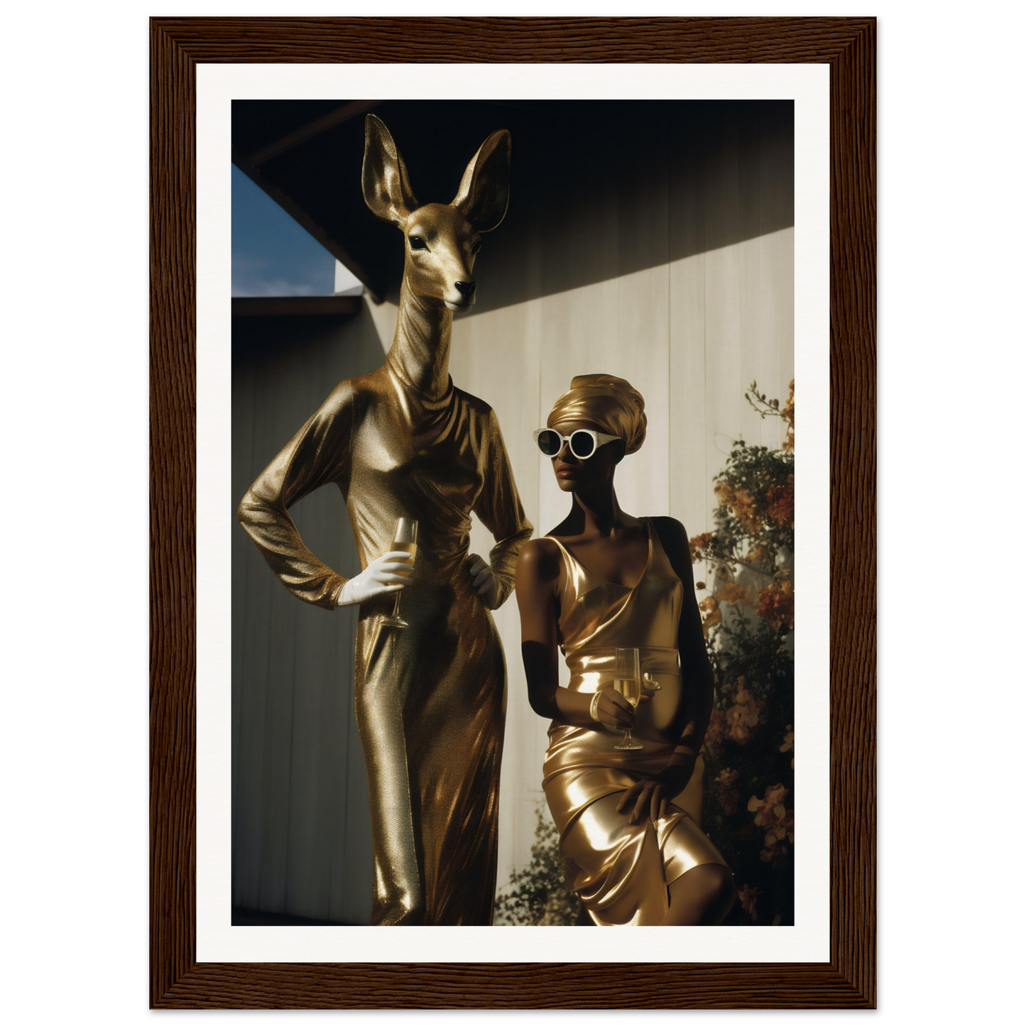 A gold statue of a woman and a deer