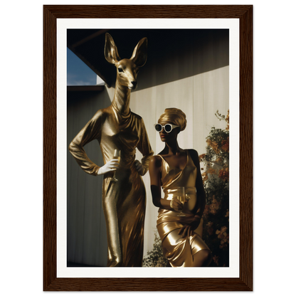 A gold statue of a woman and a deer