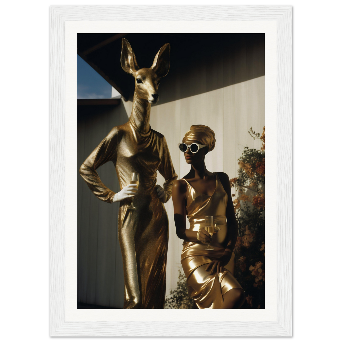 A gold statue of a woman and a deer