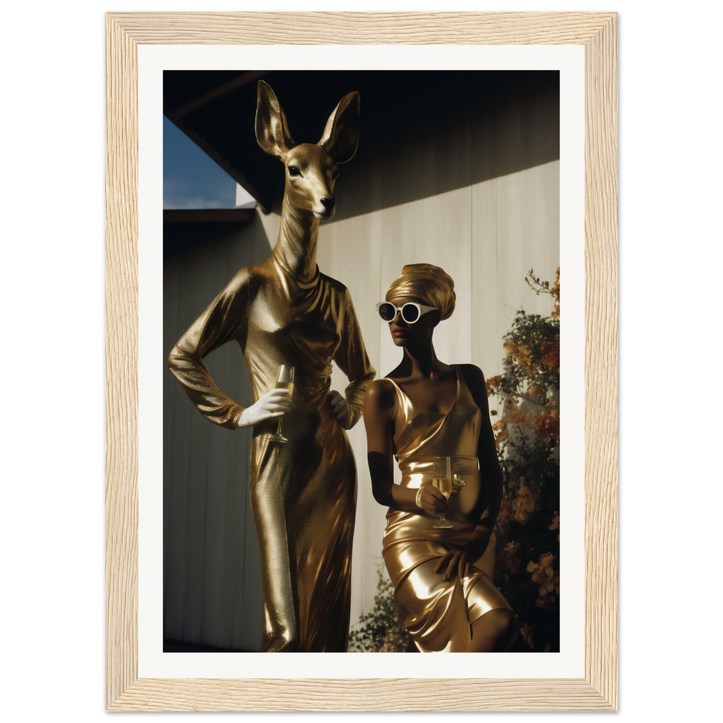 A gold statue of a woman and a deer