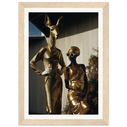 A gold statue of a woman and a deer