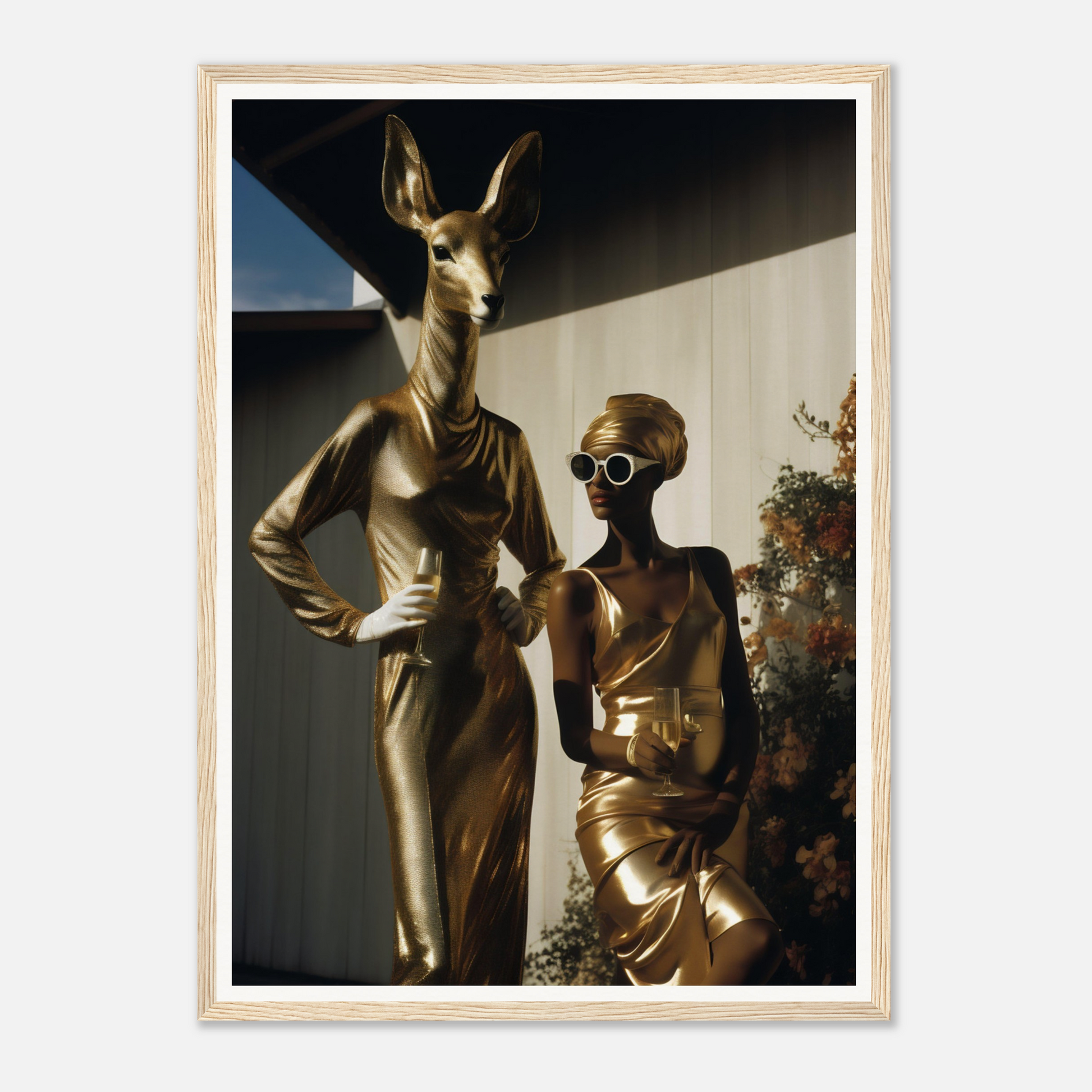 A gold statue of a woman and a deer