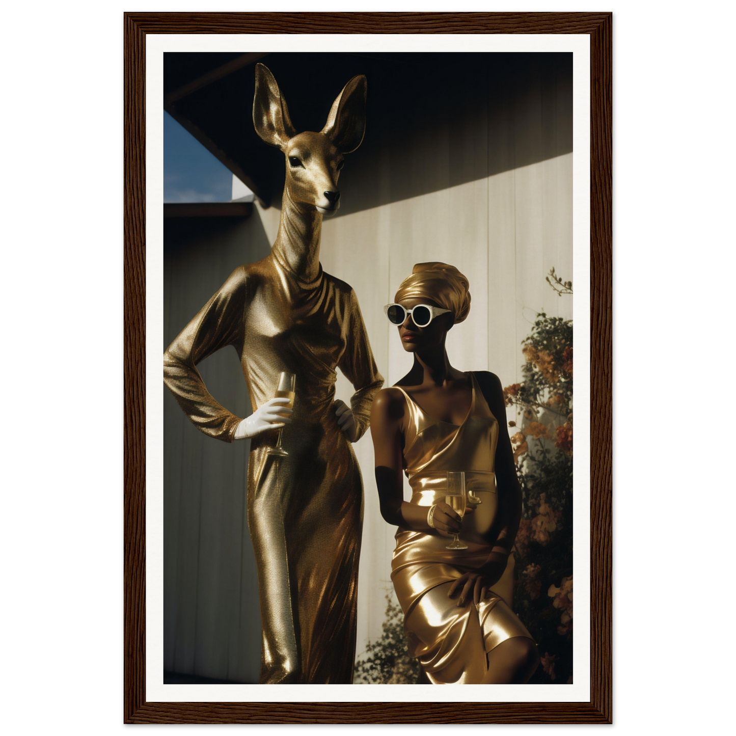 A gold statue of a woman and a kangaroo