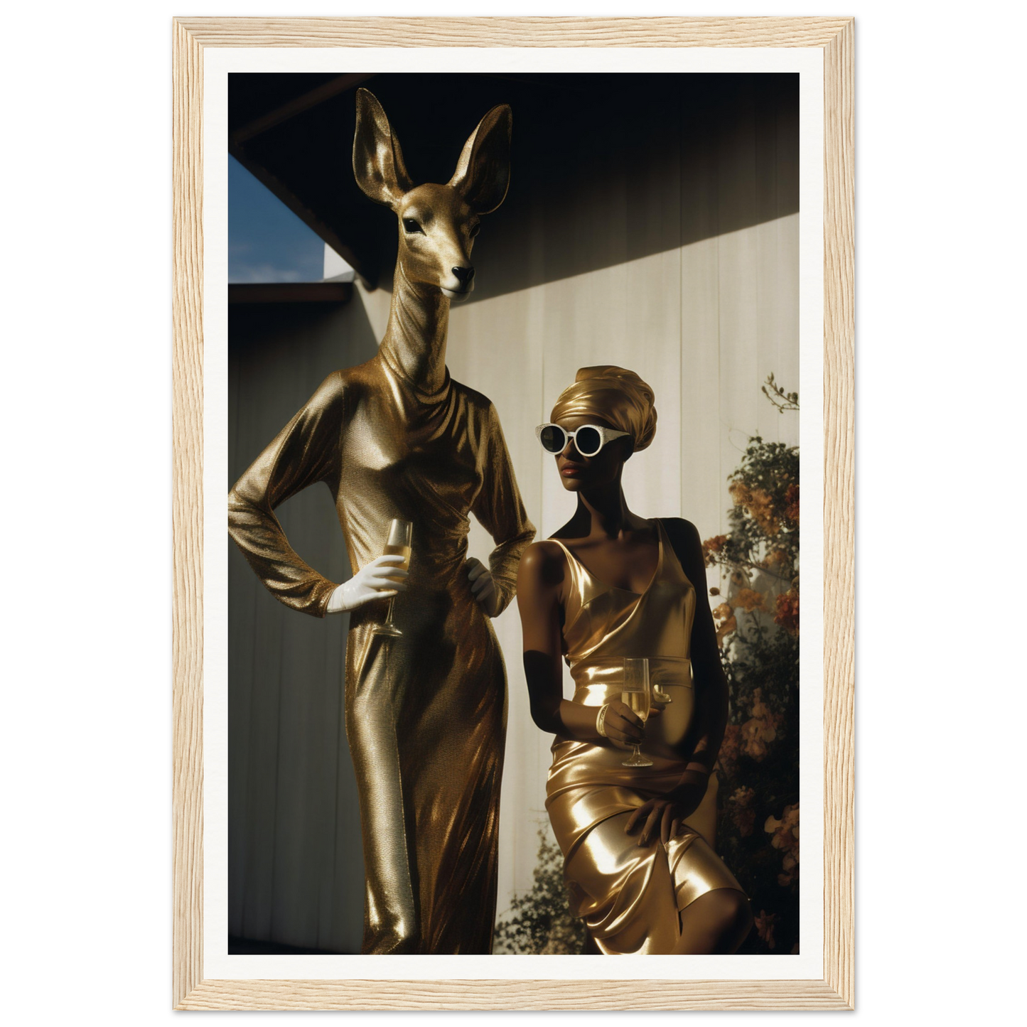 A gold statue of a woman and a kangaroo