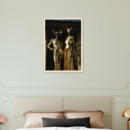 A gold statue of a woman and a man in a bedroom