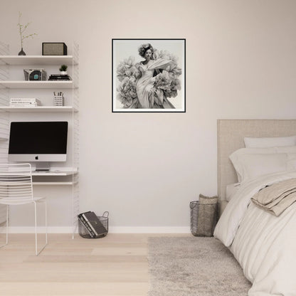 Minimalist bedroom workspace featuring Gown Enveloped Blossoms on floating shelves and iMac