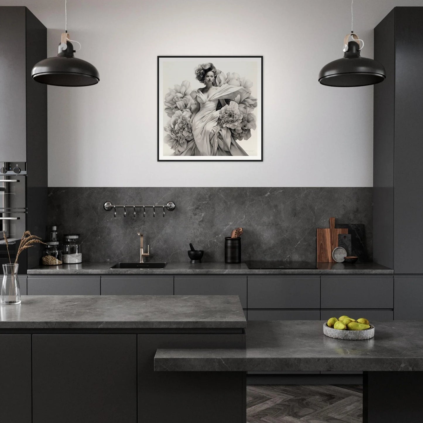 Stylish dark gray kitchen featuring Gown Enveloped Blossoms artwork and sleek black lights