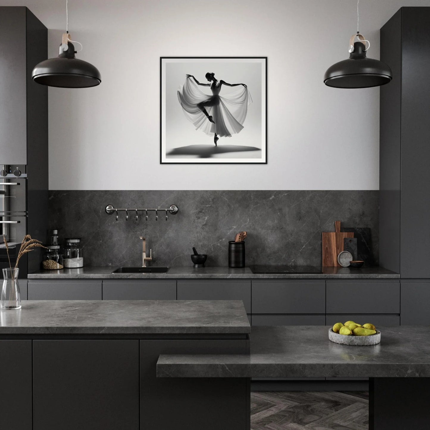 Modern dark gray kitchen featuring graceful ballet silence framed poster and black pendant lights