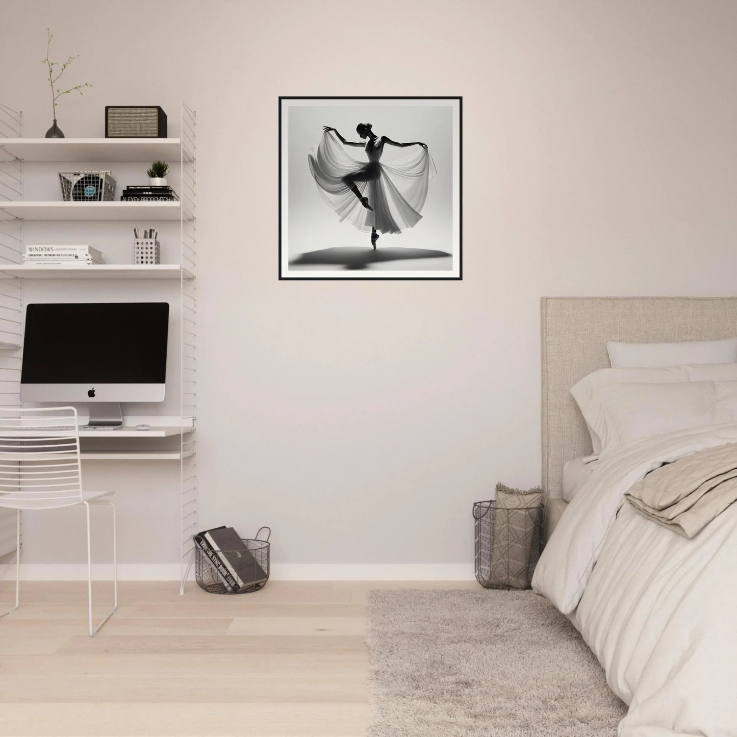 Minimalist bedroom featuring Graceful Ballet Silence framed poster and sleek iMac workstation