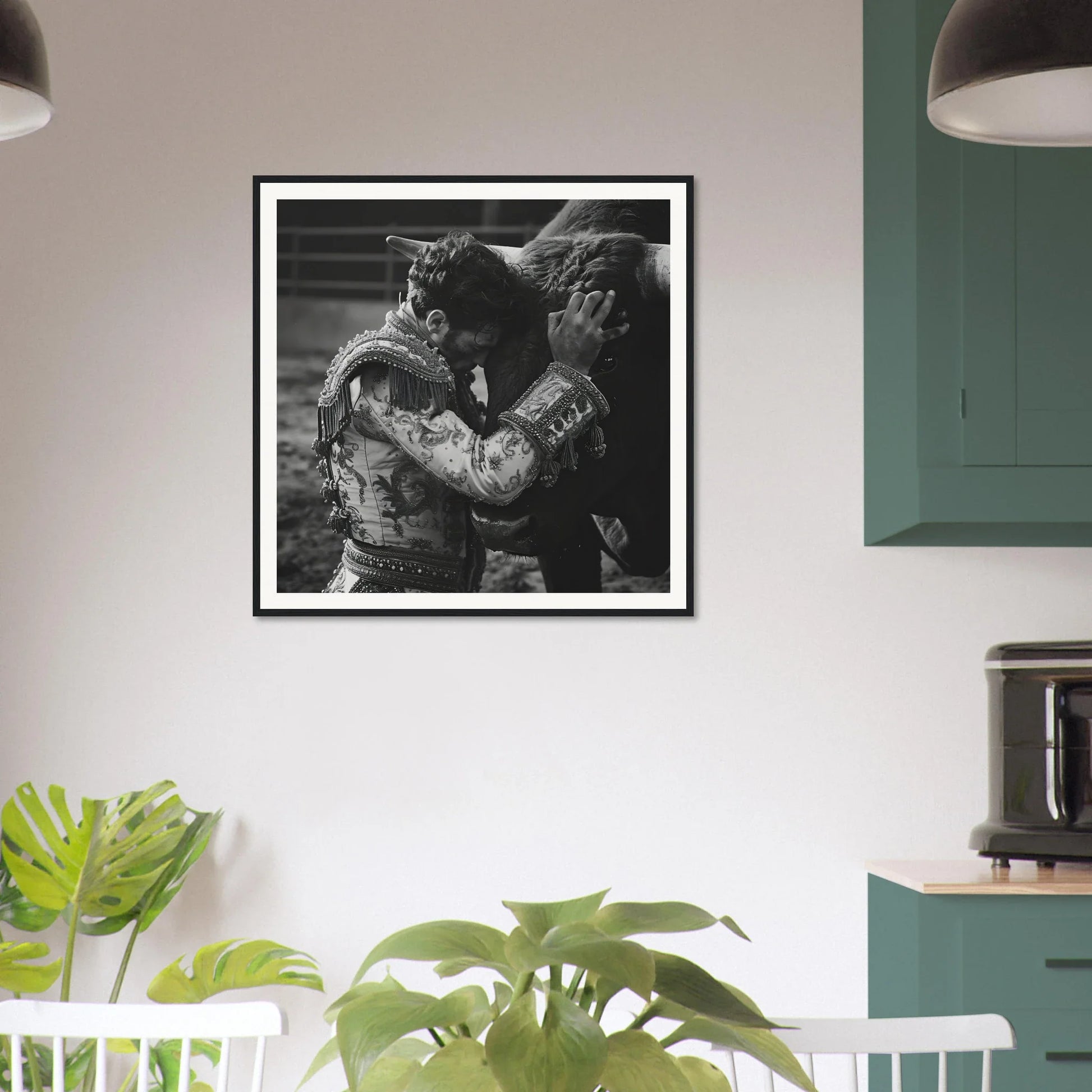 Framed black and white photo of fighters embracing, Graceful Reverie Duet art