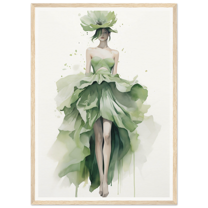 A green dress and hat is featured in this watercolor fashion illustration