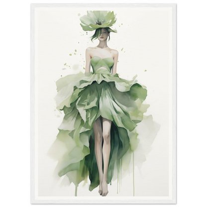 A green dress and hat with a woman’s face