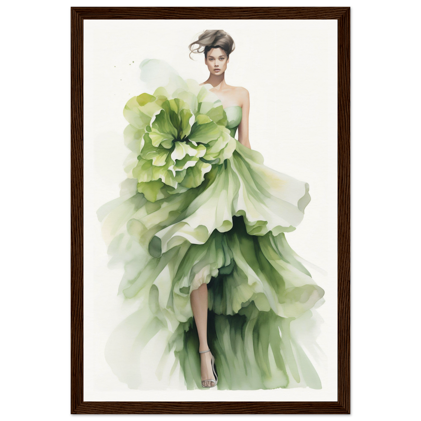 A green dress with a large flower on the skirt